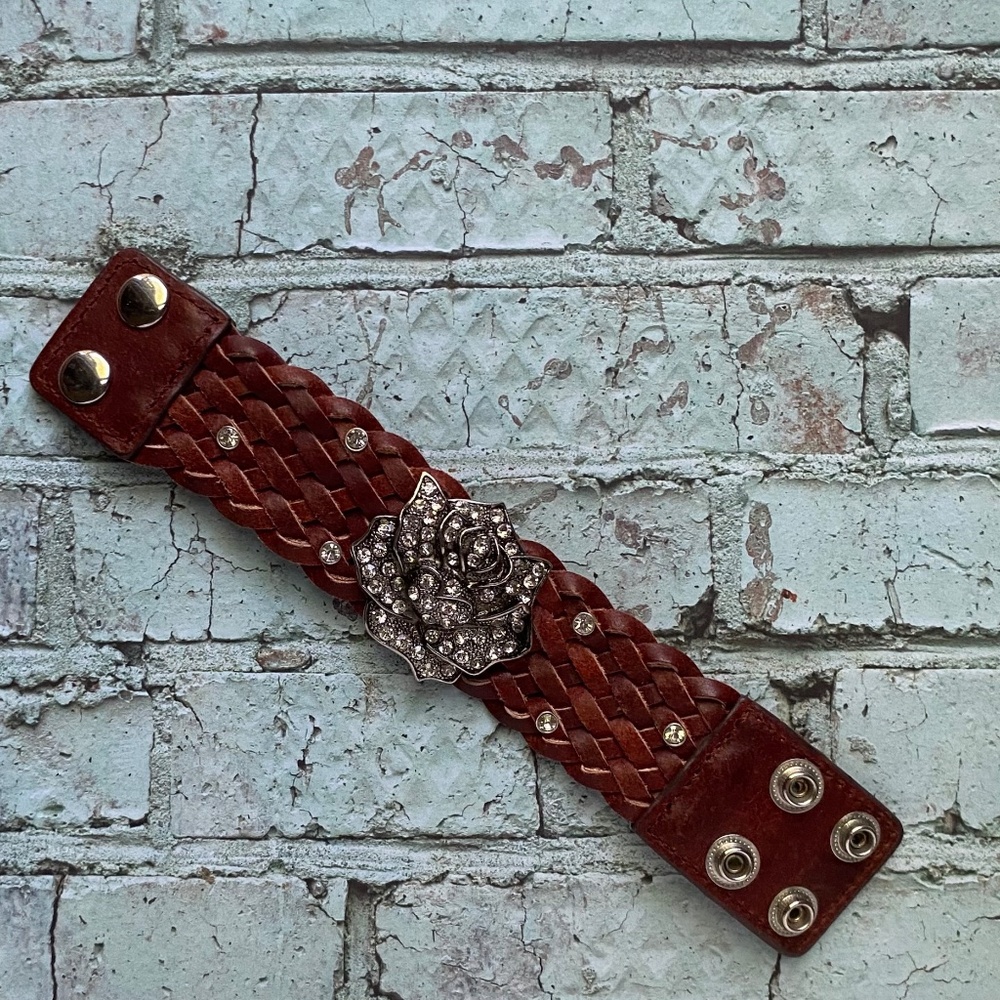 Genuine Leather and Silver Tone Rhinestone Flower Bracelet